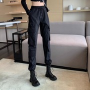 黑色美式工装裤女2023秋季复古大码哈伦裤高腰休闲束脚运动裤