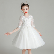花童公主裙小主持人礼服，女童高端婚礼，轻奢儿童白色纱裙钢琴演出服