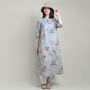 中式复古苎麻印花中袖连衣裙，蓝色双层五分袖，气质中国风茶服旗袍裙