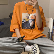 橙色短袖T恤男潮牌潮流夏季宽松休闲上衣亲肤vintage美式复古半袖