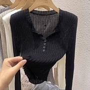 2023黑色短款长袖T恤女秋季修身内搭设计感小众V领针织打底衫上衣