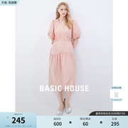 Basic House/百家好连衣裙女夏季收腰V领显瘦高级蓬蓬裙