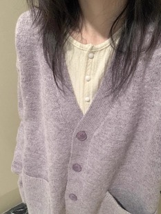 显瘦慵懒风紫灰色针织开衫宽松小众港风高级感韩版毛衣女外套
