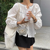 韩国chic春季甜美减龄圆领撞色褶皱感设计宽松泡泡袖衬衫上衣