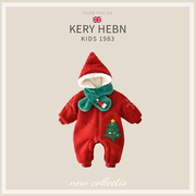 KeryHebn2023冬季圣诞树婴儿爬服雪花刺绣加厚保暖红色连体衣