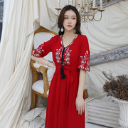 连衣裙波西米亚红色纯棉刺绣，舒适流苏海南三亚旅行民族风度假长裙
