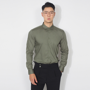 川泽男装军绿色长袖，衬衫韩版修身净版方领衬衣，男士轻商务上衣
