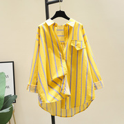 中长款黄色条纹衬衫女2024年夏季蝙蝠，袖衬衣设计感上衣春秋款