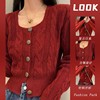新年红复古方领麻花针织开衫女春设计感别致独特气质短款毛衣外套