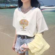 2024夏季白色纯棉V领短袖t恤女宽松设计感韩系甜美女装上衣服