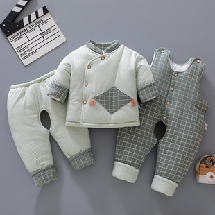 新生婴儿棉衣套装加厚冬季男宝宝衣服0-1岁女棉袄背带三件套外出