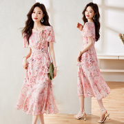 2023夏季 长款女装韩版夏装裙子雪纺碎花粉色短袖长裙连衣裙