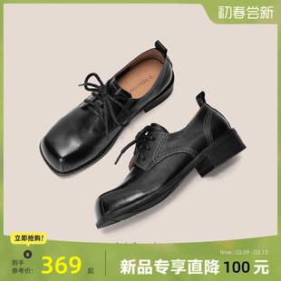 青婉田黑色小皮鞋，女2024年春季方头中跟单鞋，真皮复古英伦女鞋