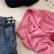 法式2024年夏季玫粉色，薄款棉麻衬衫女设计感小众开衫防晒上衣