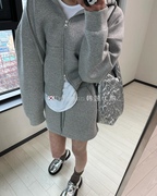 直邮韩国2024春装灰色连帽双头拉链卫衣短裙两件套套装
