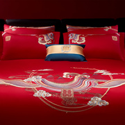 中式刺绣结婚床上四件套，红色喜被120支全棉被套婚庆床单床上用品