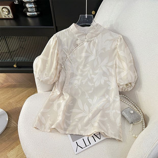 新中式盘扣短袖衬衫女夏款独特立领泡泡袖衬衣国风印花灯笼袖上衣