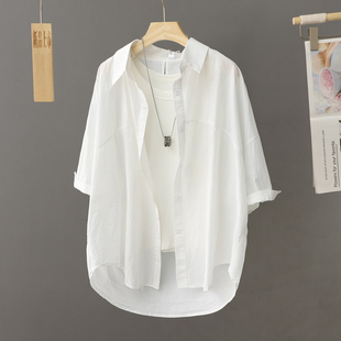 纯棉白色短袖衬衫女薄外套，上衣2024年夏季宽松设计感小众衬衣
