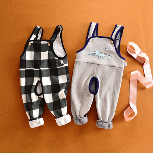 宝宝加绒背带裤秋冬季保暖小童，婴儿开裆打底裤子，连身吊带裤0-3岁