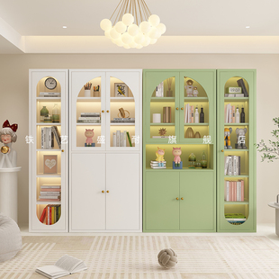 法式奶油风铁艺书柜书架，2米高书橱(高书橱，)家用客厅储物玻璃柜带门展示柜