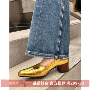 kmeizu高级优雅~方跟高跟鞋女春金银色(金银色)奶奶鞋中跟瓢鞋ol真皮单鞋