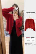 时尚洋气复古红色毛衣外套，女超好看独特别致针织，v领长袖开衫秋冬