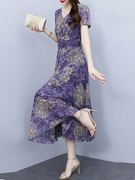 高端广州女装雪纺连衣裙夏季大牌十三行紫色妈妈欧货长款
