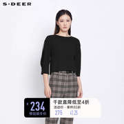 sdeer圣迪奥女装春装优雅圆领网纱中袖黑色毛衣女S21383505