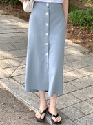 日系棉麻半身裙女夏季百搭韩版直筒裙单排扣一步裙亚麻包臀裙子