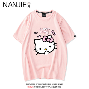粉色卡通可爱猫咪印花短袖T恤女日系少女bf原宿风学生姐妹闺蜜装