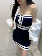 韓国夏季时尚拼色修身弹力系扣辣妹裹胸+包臀拼色针织短裙两件套