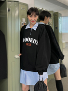 韩国chic风减龄条纹衬衫拼接假两件中长款宽松设计感连衣裙衬衫裙