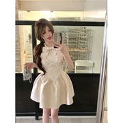 美式韩版小众别致设计感精致公主蕾丝拼接礼服短款修身连衣裙女夏