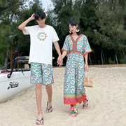 情侣装沙滩连衣裙民族复古风小众，设计感长裙海边度假套装夏季短袖