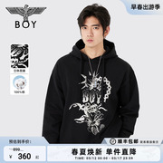 BOYLONDON休闲潮牌春夏印花高街黑色时尚连帽卫衣N04901