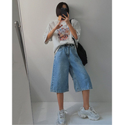 韩国女装lag2024夏时尚(夏时尚)水洗，磨白阔腿高腰纯色腰带七分牛仔裤