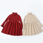 女童打底毛衣裙(毛衣裙，)儿童高领针织红色新年装连衣裙宝宝冬季保暖公主裙