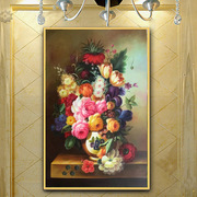 纯手绘花卉牡丹油画古典花开富贵装饰画客厅办公室餐厅玄关竖挂画