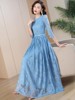 帝弗润驰2023夏季法式复古蓝色蕾丝连衣裙气质优雅高级感长裙