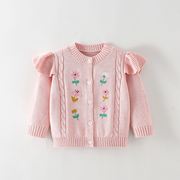 女童毛衣外套春秋款2024时髦洋气儿童刺绣针织衫甜美粉色开衫