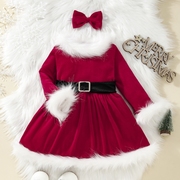 童装欧美a字裙儿童圣诞节大红丝绒连衣裙，女孩秋季演出服圣诞装扮