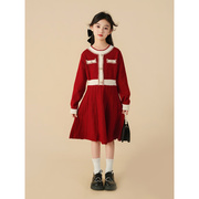 女童连衣裙秋冬款2023冬季圣诞，新年过年服本命年红色公主裙子