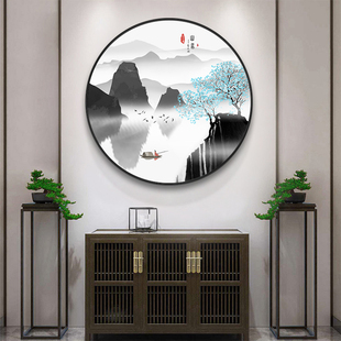 新中式圆形装饰画玄关走廊过道书房茶室油画布铝合金有框晶瓷工艺