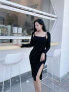 刘漂亮(刘漂亮)黑色一字，领吊带连衣裙，女开叉性感收腰开衫修身紧身包臀裙