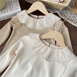 婴儿打底衫女宝宝纯棉洋气公主女童，蕾丝花瓣领上衣白色长袖t恤秋