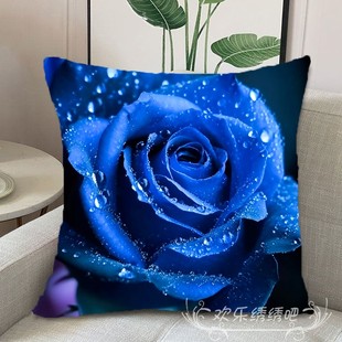 蓝色妖姬抱枕十字绣满绣客厅，沙发靠垫玫瑰花卉图案刺绣手工绣