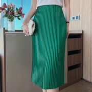 好版型一秒穿出好身材 高腰女开衩半身裙子高级感绿色百褶裙纯色
