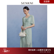 SENKNI圣可尼浪漫绿色开叉碎花连衣裙夏装短袖气质淑女雪纺裙子女