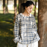 高货新中式棉麻女装2024秋季格子上衣女复古色织，亚麻长袖t恤