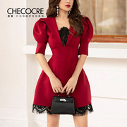 茬客优雅红色小礼服裙平时可穿通勤性感蕾丝拼接显瘦泡泡袖连衣裙
